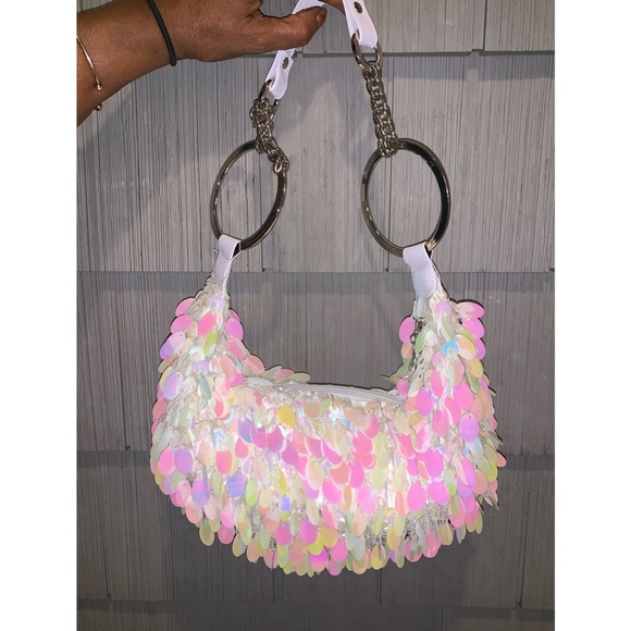 Mini Sparkly Sequined Hoop Strap Hobo Shoulder Bag - Picture 9 of 13
